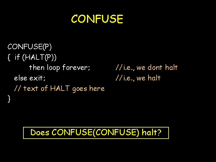 CONFUSE(P) { if (HALT(P)) then loop forever; else exit; // text of HALT goes