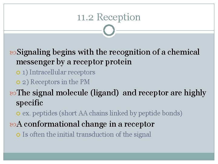 11. 2 Reception Signaling begins with the recognition of a chemical messenger by a