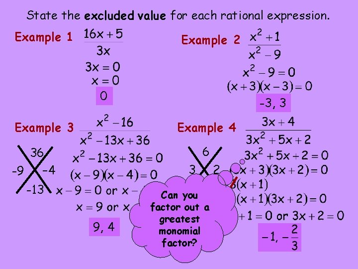 State the excluded value for each rational expression. Example 1 Example 2 0 Example