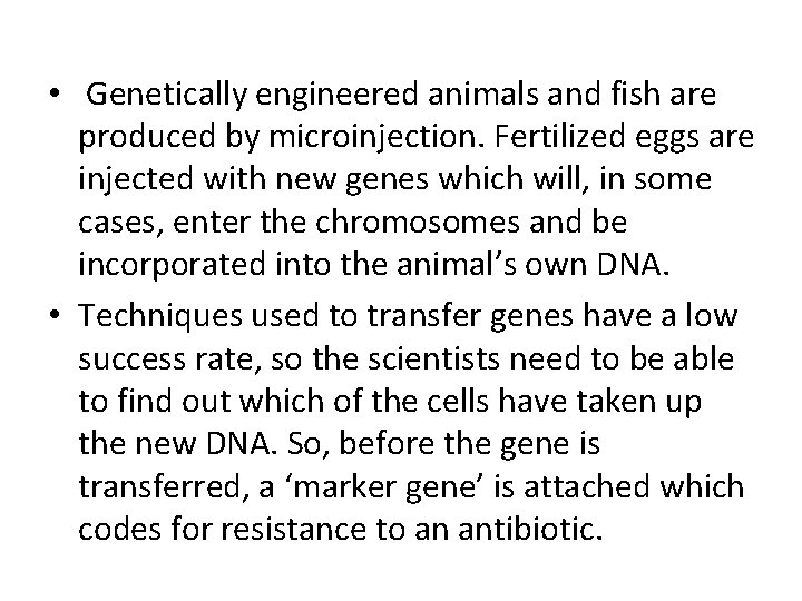  • Genetically engineered animals and fish are produced by microinjection. Fertilized eggs are
