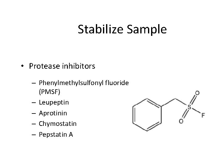 Stabilize Sample • Protease inhibitors – Phenylmethylsulfonyl fluoride (PMSF) – Leupeptin – Aprotinin –