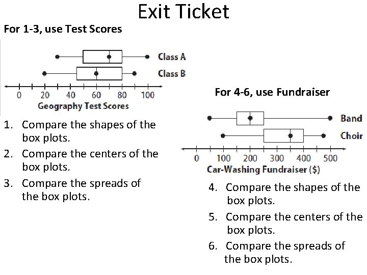 For 1 -3, use Test Scores Exit Ticket For 4 -6, use Fundraiser 1. For 1 -3, use Test Scores Exit Ticket For 4 -6, use Fundraiser 1.