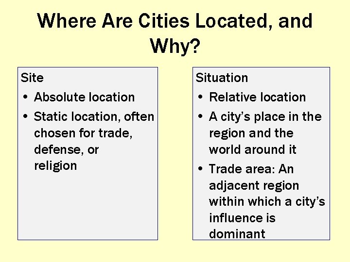 Where Are Cities Located, and Why? Site • Absolute location • Static location, often
