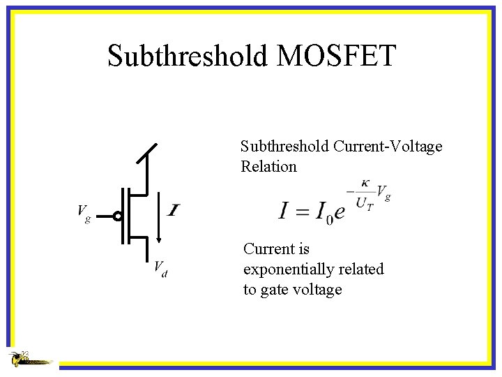 Subthreshold MOSFET Subthreshold Current-Voltage Relation Current is exponentially related to gate voltage 