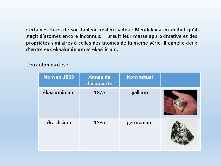 Certaines cases de son tableau restent vides : Mendeleïev en déduit qu’il s’agit d’atomes