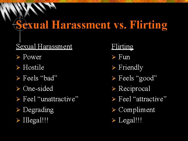 Sexual Harassment vs. Flirting Sexual Harassment Ø Power Ø Hostile Ø Feels “bad” Ø