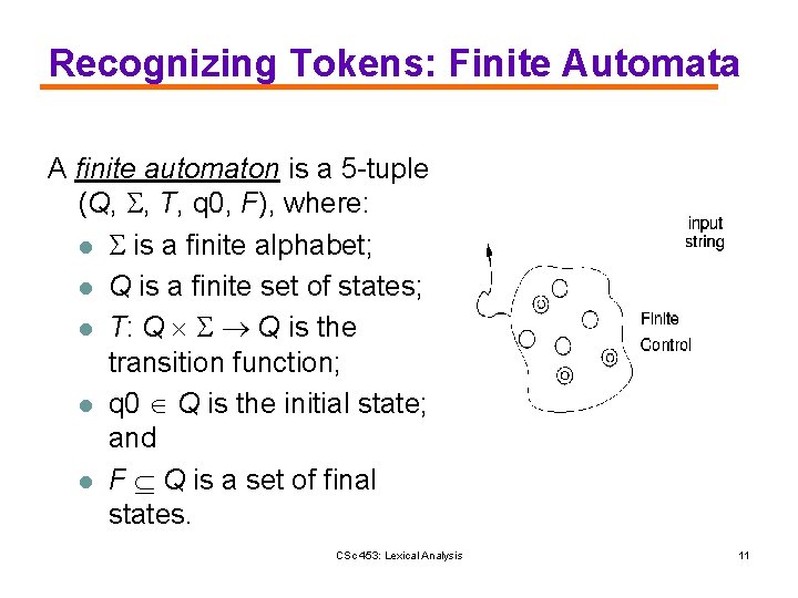 Recognizing Tokens: Finite Automata A finite automaton is a 5 -tuple (Q, , T,