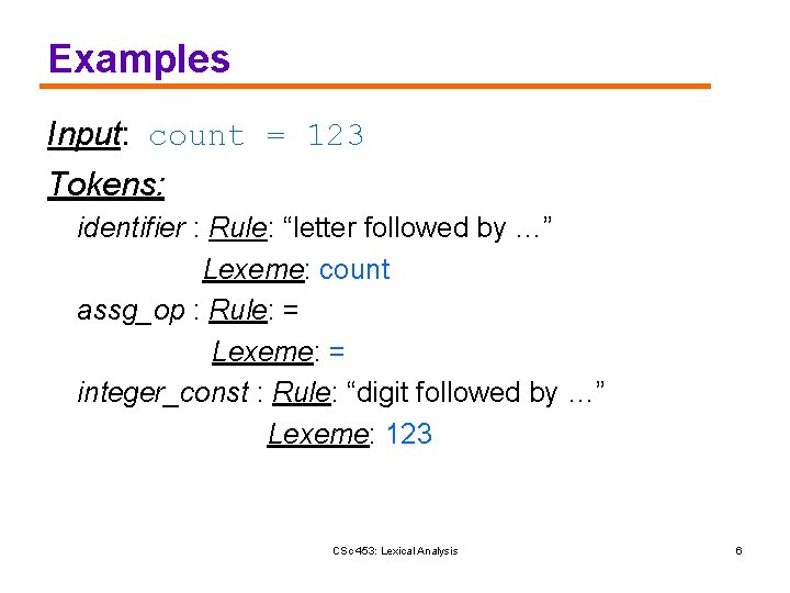 Examples Input: count = 123 Tokens: identifier : Rule: “letter followed by …” Lexeme: