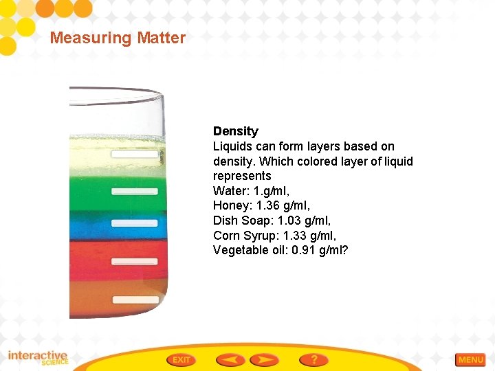 Measuring Matter Density Liquids can form layers based on density. Which colored layer of