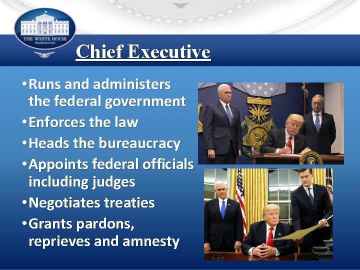 Chief Executive • Runs and administers the federal government • Enforces the law •