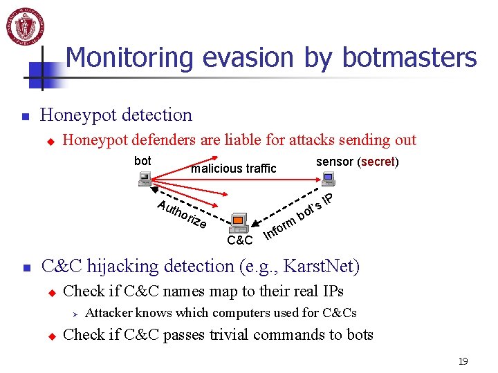 Monitoring evasion by botmasters n Honeypot detection u Honeypot defenders are liable for attacks