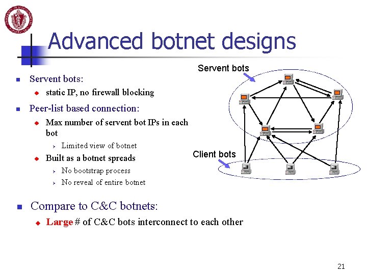 Advanced botnet designs n Servent bots: u n static IP, no firewall blocking Peer-list