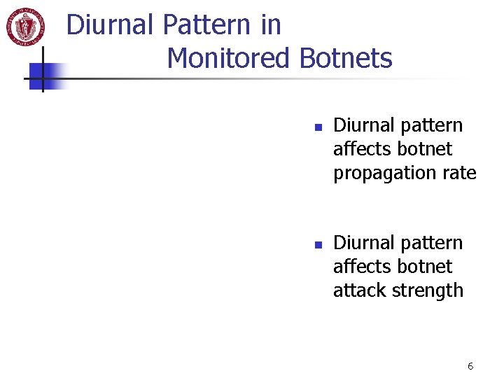 Diurnal Pattern in Monitored Botnets n n Diurnal pattern affects botnet propagation rate Diurnal