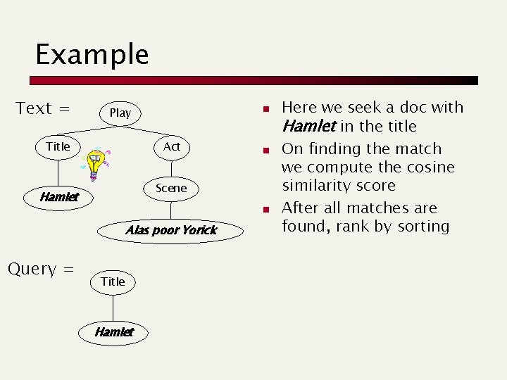 Example Text = n Play Title Act Scene Hamlet n Alas poor Yorick Query