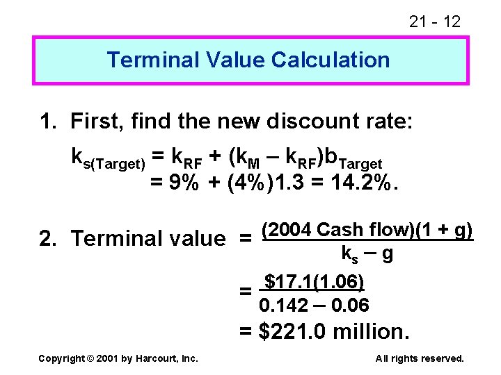 21 - 12 Terminal Value Calculation 1. First, find the new discount rate: ks(Target)