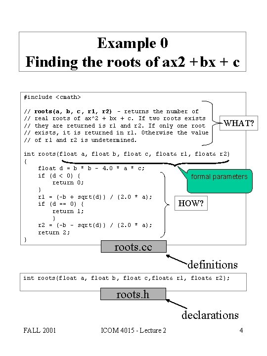 Example 0 Finding the roots of ax 2 +bx + c #include <cmath> //