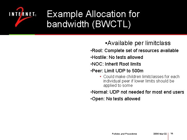 Example Allocation for bandwidth (BWCTL) • Available per limitclass • Root: Complete set of