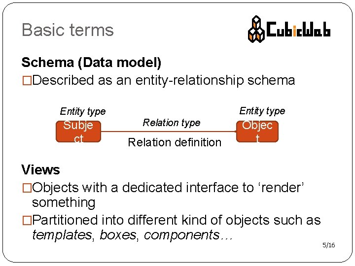 Basic terms Schema (Data model) �Described as an entity-relationship schema Entity type Subje ct