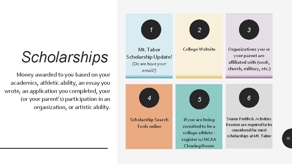 1 Scholarships Money awarded to you based on your academics, athletic ability, an essay