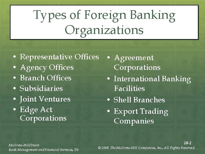 Types of Foreign Banking Organizations • • • Representative Offices Agency Offices Branch Offices