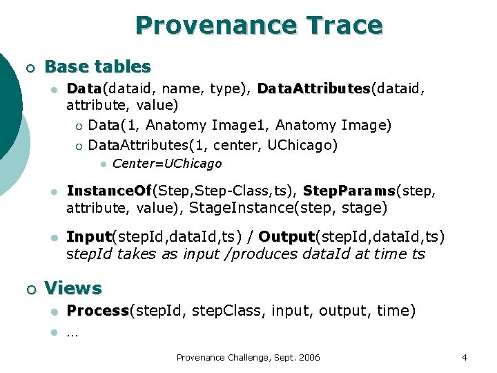 Provenance Trace ¡ Base tables l Data(dataid, name, type), Data. Attributes(dataid, Data. Attributes attribute,