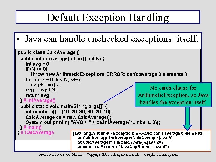 Default Exception Handling • Java can handle unchecked exceptions itself. public class Calc. Average