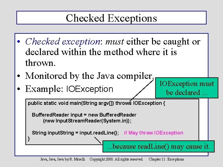 Checked Exceptions • Checked exception: must either be caught or declared within the method