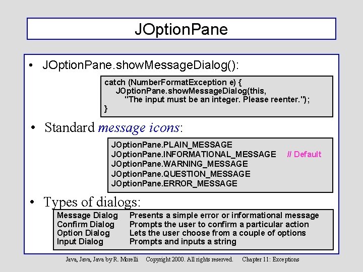 JOption. Pane • JOption. Pane. show. Message. Dialog(): catch (Number. Format. Exception e) {