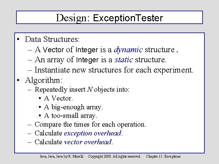 Design: Exception. Tester • Data Structures: – A Vector of Integer is a dynamic