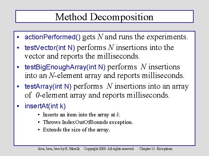 Method Decomposition • action. Performed() gets N and runs the experiments. • test. Vector(int