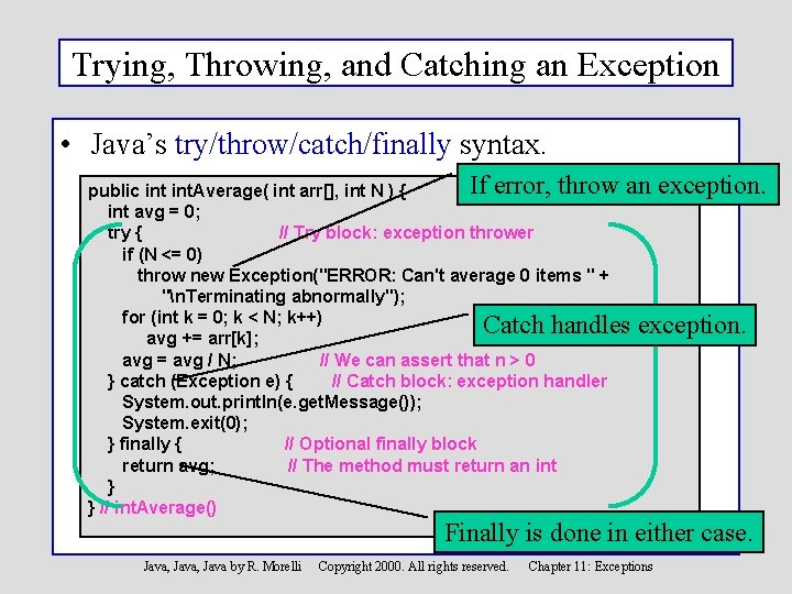 Trying, Throwing, and Catching an Exception • Java’s try/throw/catch/finally syntax. If error, throw an