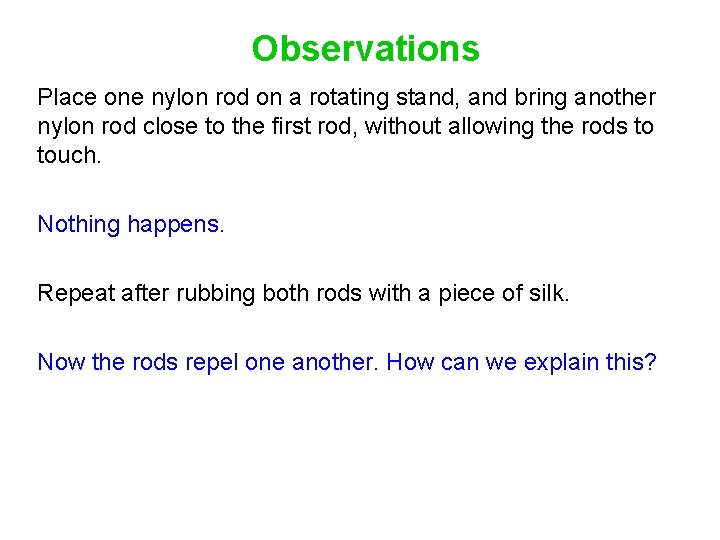 Observations Place one nylon rod on a rotating stand, and bring another nylon rod