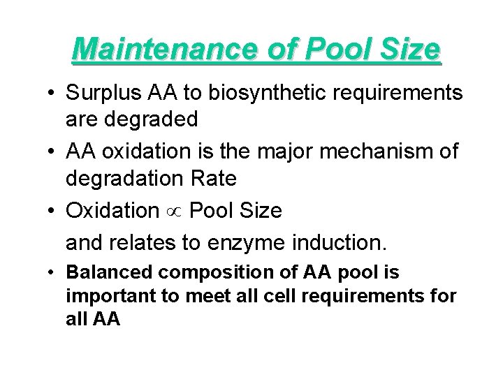 Maintenance of Pool Size • Surplus AA to biosynthetic requirements are degraded • AA