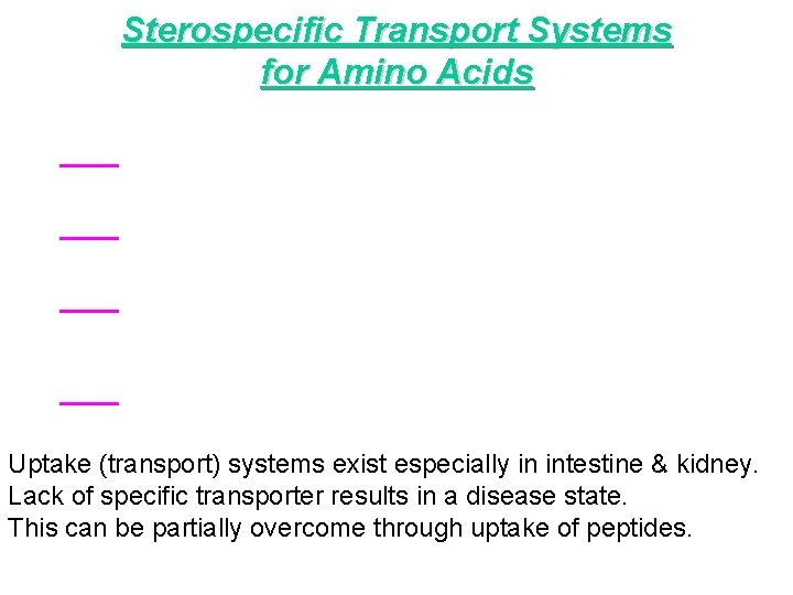 Sterospecific Transport Systems for Amino Acids Uptake (transport) systems exist especially in intestine &