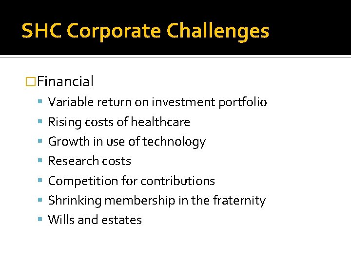 SHC Corporate Challenges �Financial Variable return on investment portfolio Rising costs of healthcare Growth