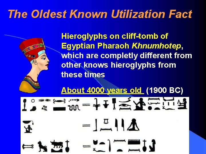 The Oldest Known Utilization Fact Hieroglyphs on cliff-tomb of Egyptian Pharaoh Khnumhotep, which are