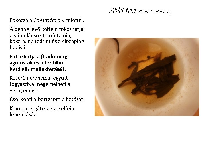Zöld tea (Camellia sinensis) Fokozza a Ca‐ürítést a vizelettel. A benne lévő koffein fokozhatja Zöld tea (Camellia sinensis) Fokozza a Ca‐ürítést a vizelettel. A benne lévő koffein fokozhatja