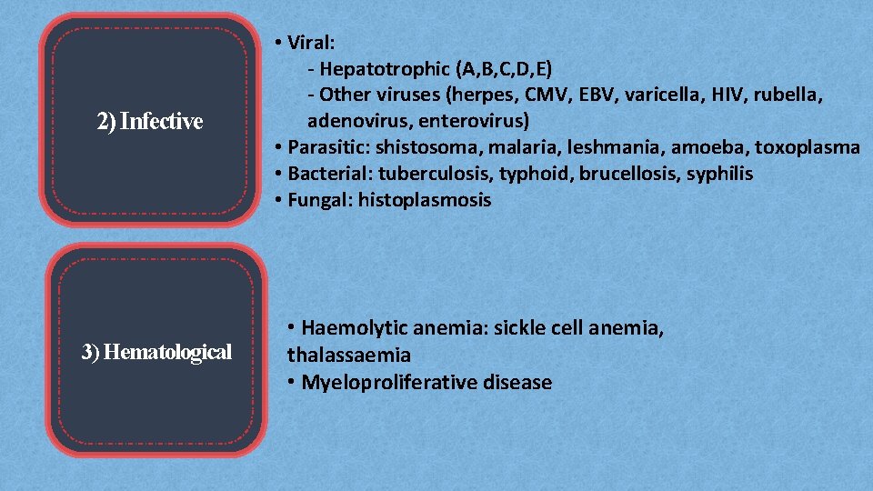2) Infective 3) Hematological • Viral: - Hepatotrophic (A, B, C, D, E) -