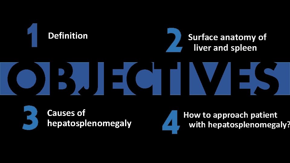 1 2 OBJECTIVES 3 4 Definition Causes of hepatosplenomegaly Surface anatomy of liver and