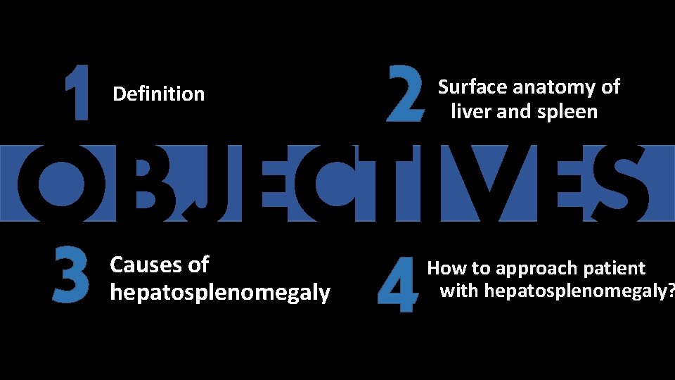 1 2 OBJECTIVES 3 4 Definition Causes of hepatosplenomegaly Surface anatomy of liver and