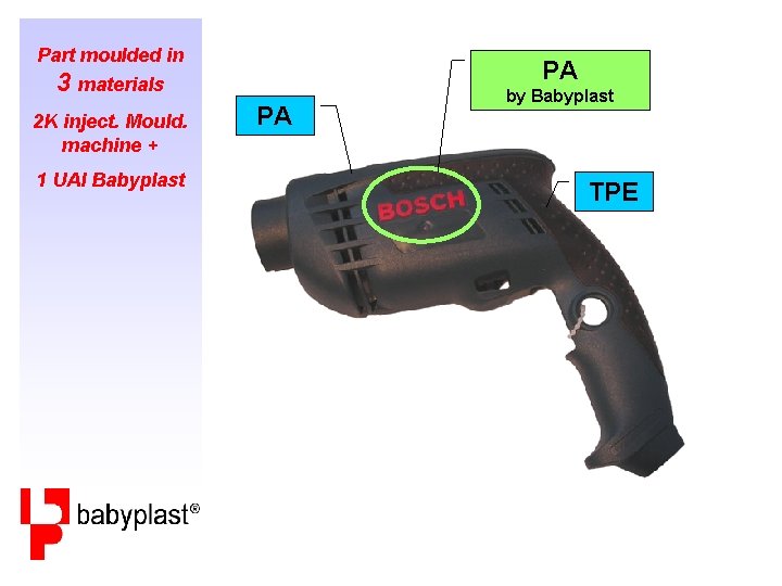 Part moulded in PA 3 materials 2 K inject. Mould. machine + 1 UAI