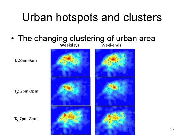 Urban hotspots and clusters • The changing clustering of urban area Weekdays Weekends T