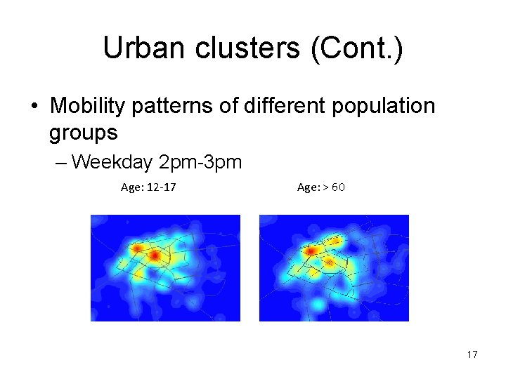 Urban clusters (Cont. ) • Mobility patterns of different population groups – Weekday 2