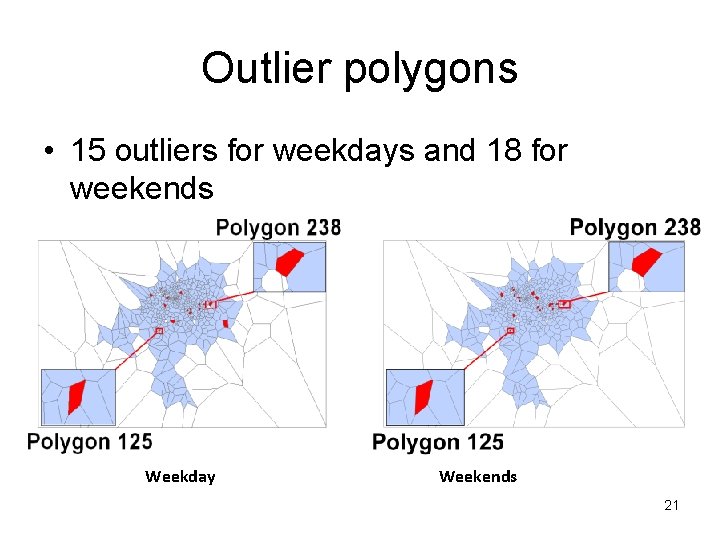 Outlier polygons • 15 outliers for weekdays and 18 for weekends Weekday Weekends 21