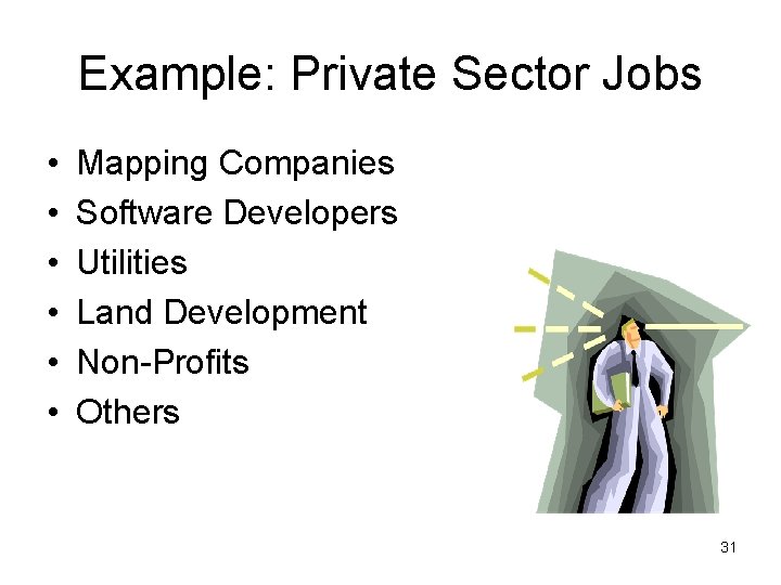 Example: Private Sector Jobs • • • Mapping Companies Software Developers Utilities Land Development