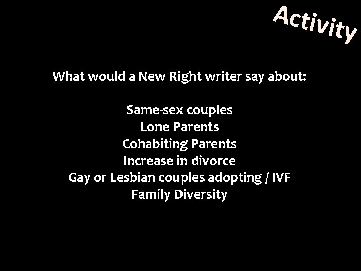 Activ ity What would a New Right writer say about: Same-sex couples Lone Parents