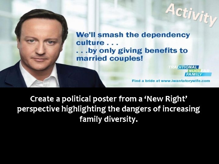 Activ ity Create a political poster from a ‘New Right’ perspective highlighting the dangers
