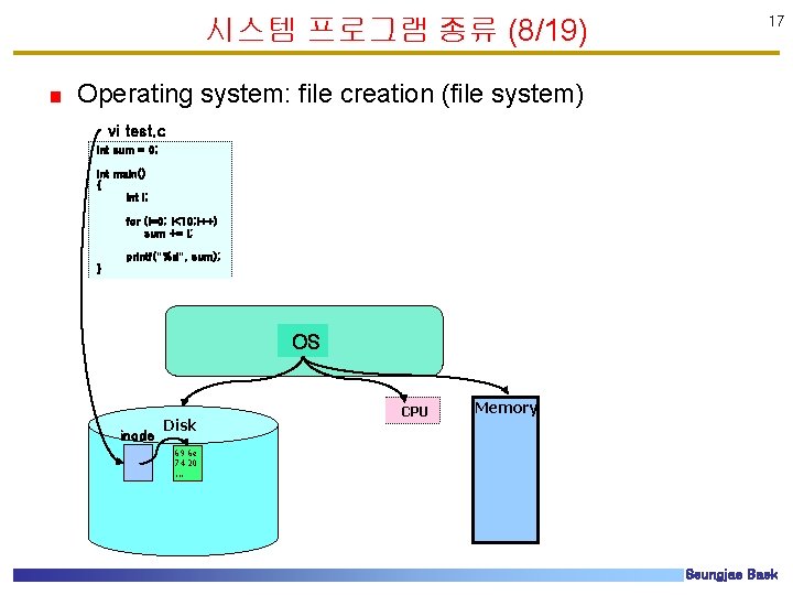 시스템 프로그램 종류 (8/19) 17 Operating system: file creation (file system) vi test. c 시스템 프로그램 종류 (8/19) 17 Operating system: file creation (file system) vi test. c