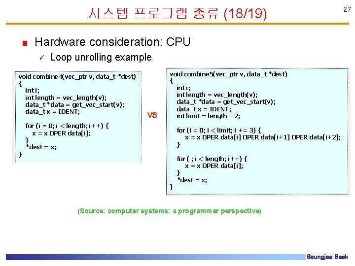 시스템 프로그램 종류 (18/19) 27 Hardware consideration: CPU ü Loop unrolling example void combine 시스템 프로그램 종류 (18/19) 27 Hardware consideration: CPU ü Loop unrolling example void combine