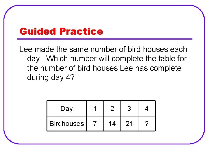 Guided Practice Lee made the same number of bird houses each day. Which number